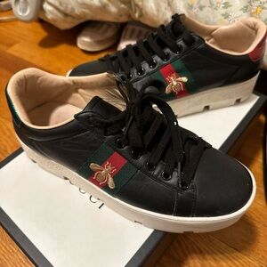 Gucci Ace Platform Sneaker Web Stripe Bee Black Leather Size 38